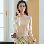 洋气卡腰上衣木耳边针织衫 小个子短款 内搭打底衫 半高领毛衣女春季