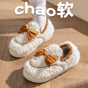 男 室内家居蝴蝶结可爱家用防滑保暖情侣冬天拖鞋 月子棉拖鞋 女冬季