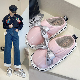 新款防水羽绒布棉拖鞋女士冬季情侣家居家室内踩屎感厚底地板拖鞋