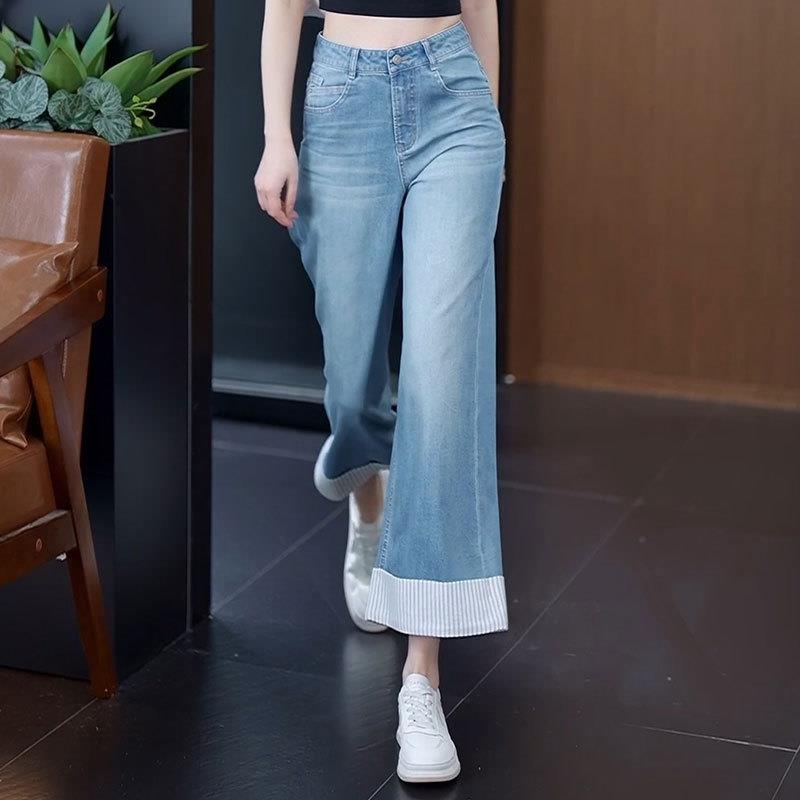 拼接阔腿牛仔裤女2025新款夏季薄款高腰宽松女裤小个子九分直筒裤