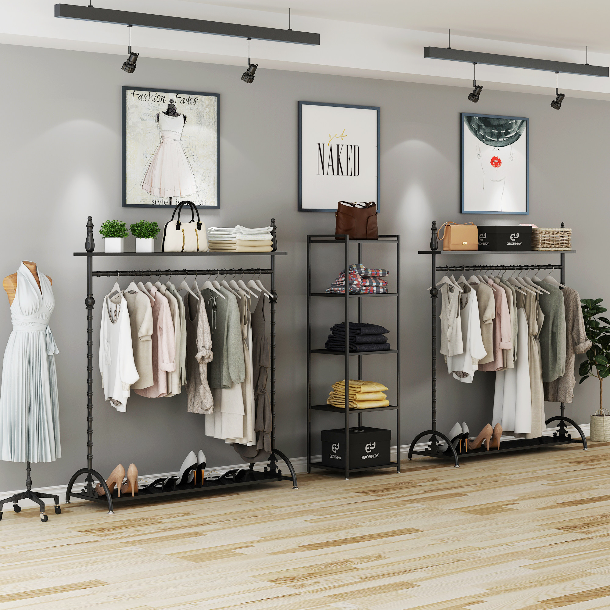 服装店展示架落地式陈列衣服架子铁艺组合欧式侧挂衣架女装店货架