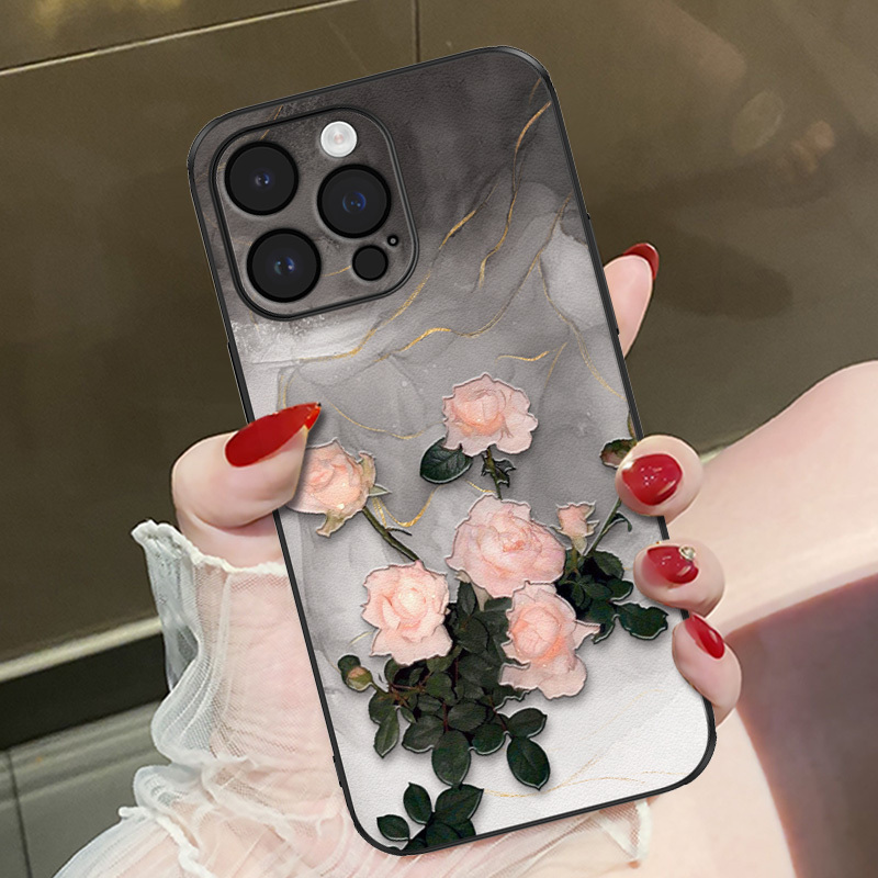 适用苹果16promax手机壳新款水墨玫瑰花iphone15pro高级感镜头全包防摔保护套14网红创意时尚ins风女浮雕外壳
