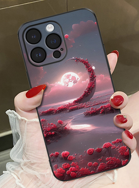适用苹果16promax手机壳新款全包iphone15pro保护套女款网红ins风创意高级感15plus镜头防摔14外壳月海玫瑰