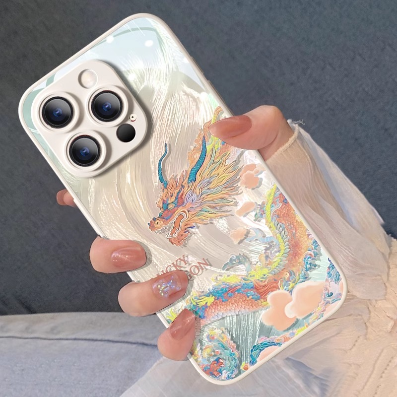 适用苹果16promax手机壳新款iPhone15pro闪粉彩云龙镜头全包防摔14plus高级感网红新年液态玻璃16红色创意女