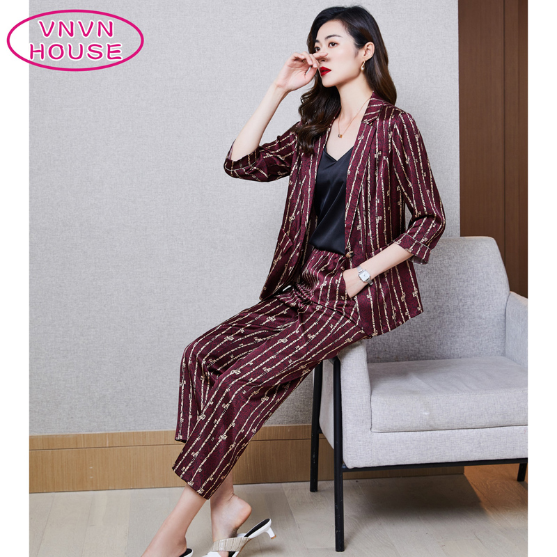 断码特价职业女性显瘦真丝套装女士宽松大码时尚条纹桑蚕丝两件套