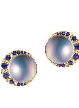 HIVENGI/海梵纪日本天然海水马贝珍珠耳钉mabe珍珠18K蓝宝石耳环