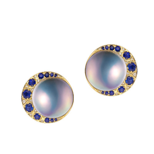 HIVENGI日本天然珍珠耳钉蓝宝石