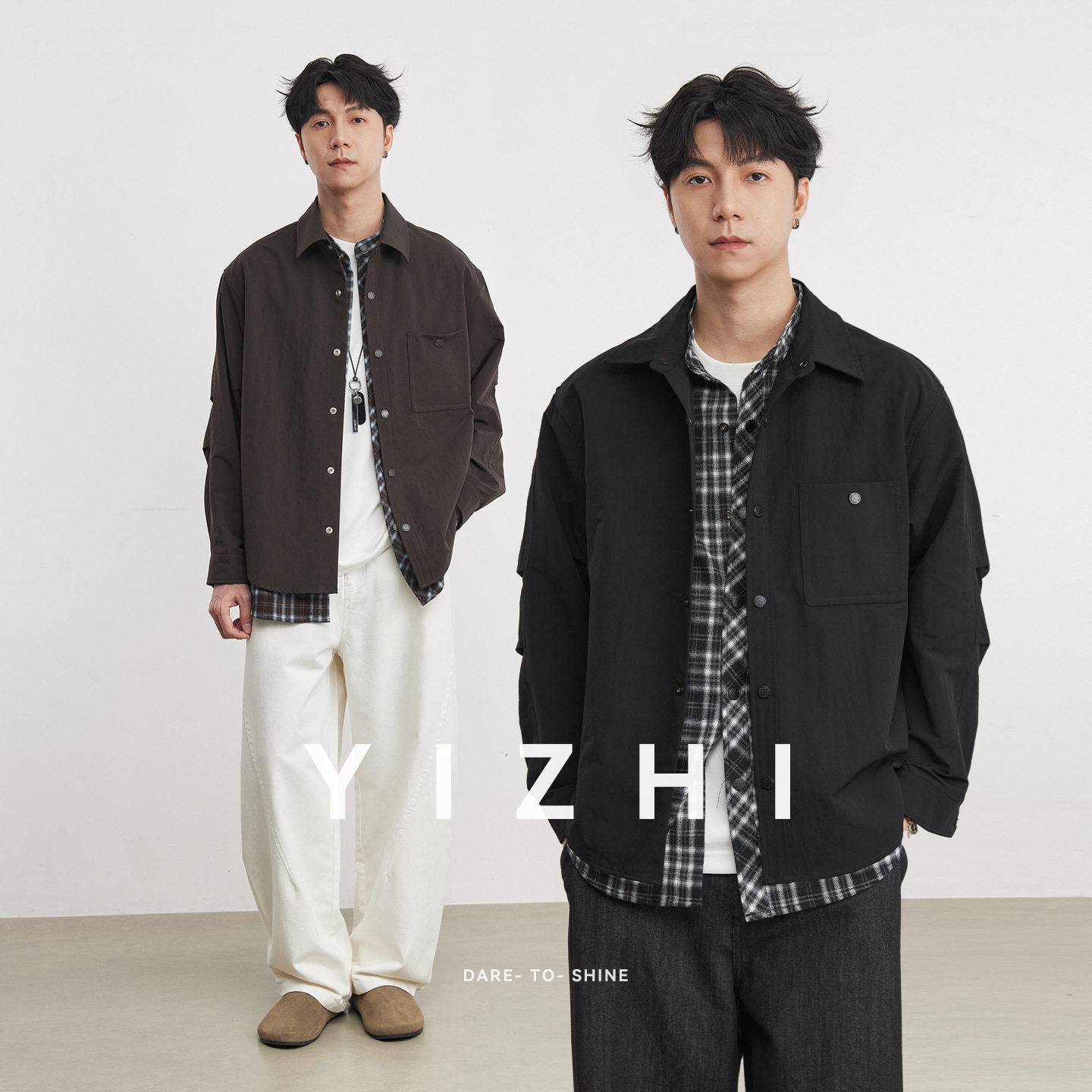 鹿皮绒撞灯芯领复古哑光假两件衬衫夹克男春秋季新款美式宽松外套