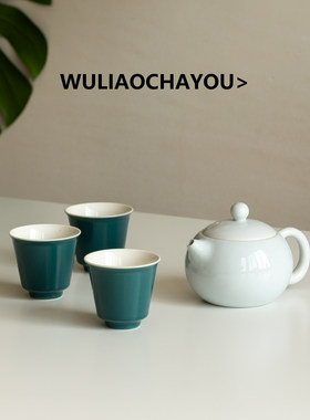 一壶两杯随缘出影青瓷西施壶茶壶搭配两个墨绿色茶杯自用待客都可