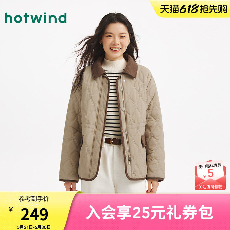 热风女士翻领棉服2025年冬季新款复古美拉德棉服夹克外套上衣