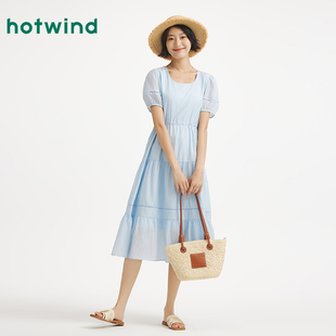 热风女士连衣裙2025年夏季新款海盐系浅蓝色飘逸感收腰显瘦连衣裙
