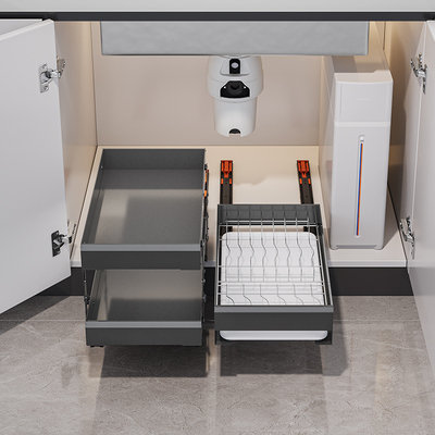 水槽下拉篮橱柜抽拉式置物架不锈钢厨房柜内置分层洗碗池下方收纳