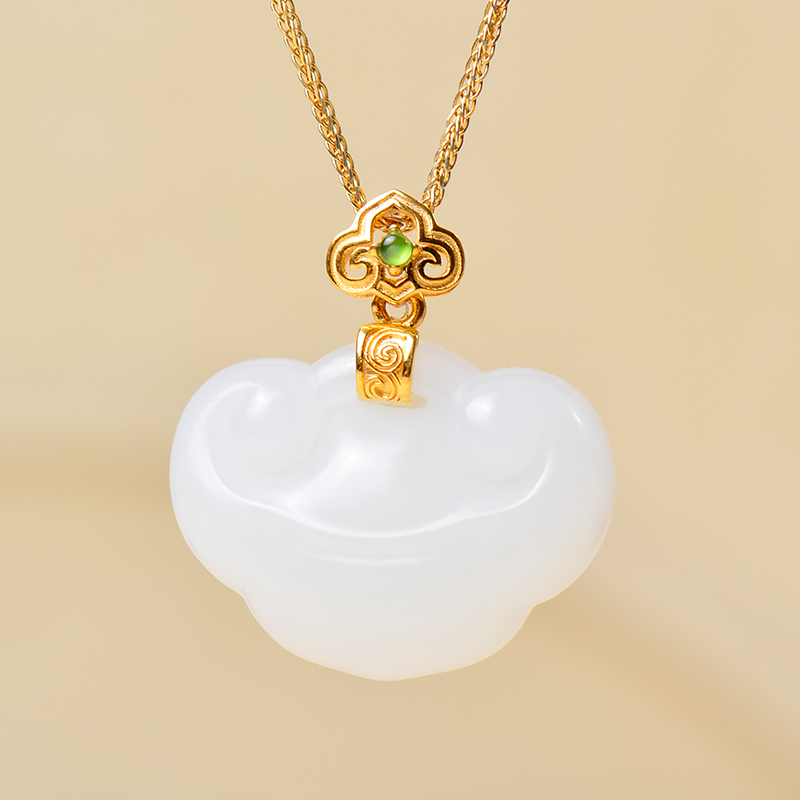 凤飞凰新中式天然和田玉元宝如意项链女18k金镶祥云纹吊坠锁骨链