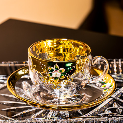 欧式奢华珐琅贴金水晶玻璃咖啡杯家用下午茶带碟杯复古玻璃红茶杯