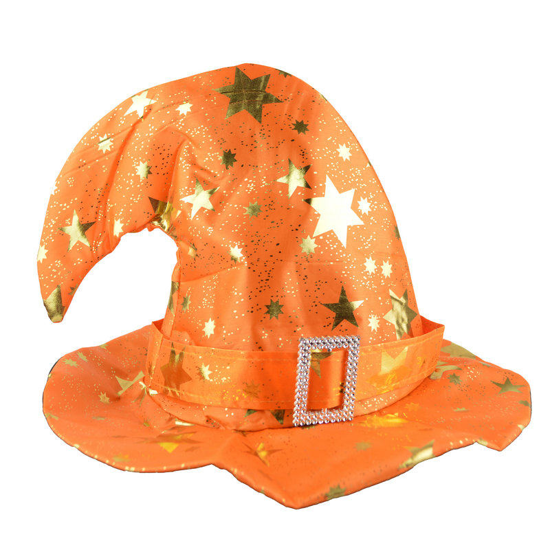万圣节舞会表演帽子头饰巫婆帽橙色星星巫婆弯帽发饰魔法师帽道具