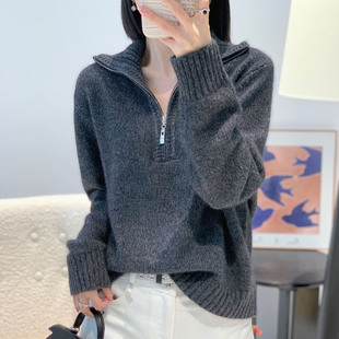 慵懒毛衣高级感宽松羊绒衫女士2025新款翻领拉链针织衫金企羊毛衫