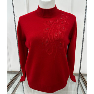 妈妈毛衣女秋冬季新款羊绒衫依卡璐雪中花红色上衣中老年女羊毛衫
