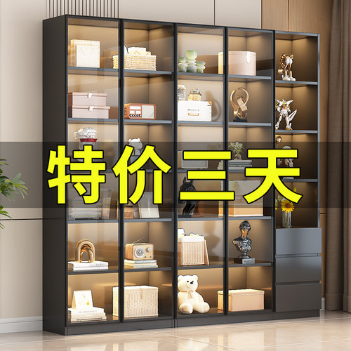 书柜带玻璃门定制一体整墙到顶书架家用客厅展示酒柜实木手办柜子