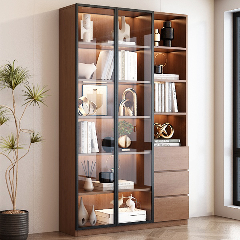 书柜带玻璃门定制一体整墙到顶书架家用实木客厅展示酒柜手办柜子