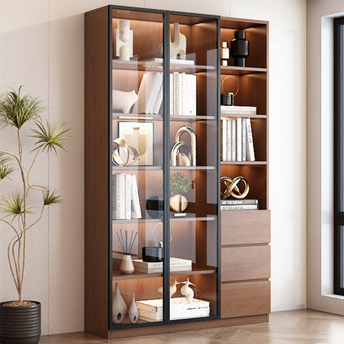 书柜带玻璃门定制一体整墙到顶书架家用实木客厅展示酒柜手办柜子