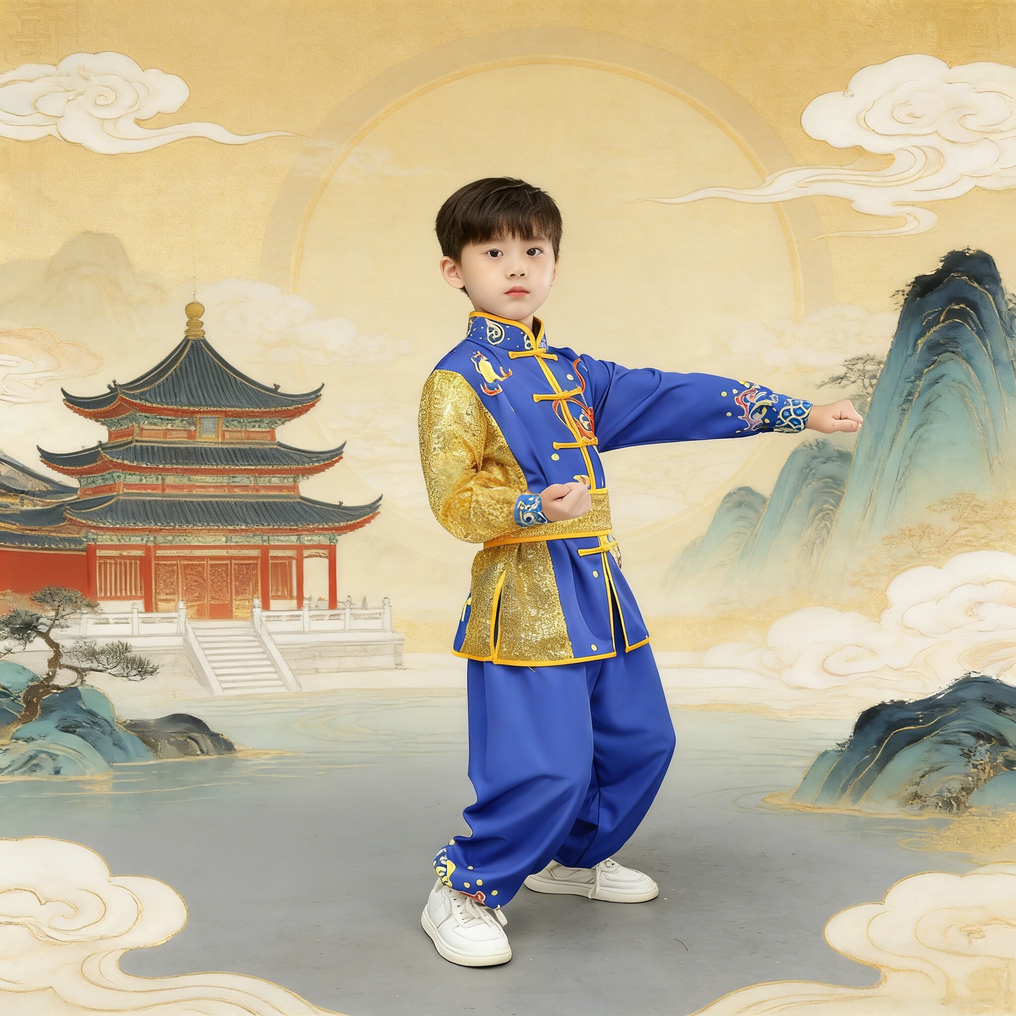 2026中国风男女童武术演出服蓝色太极拳表演服装中小学生比赛服