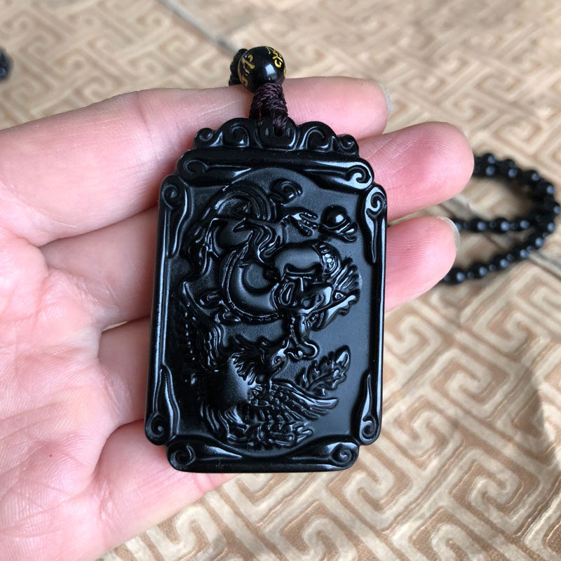 龙腾凤舞玉佩项链天然黑曜石新款龙凤护主钥匙扣方牌吊坠玉石挂件