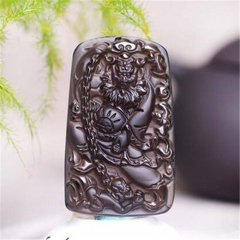 冰种黑曜石钟馗捉鬼项链证书吊坠