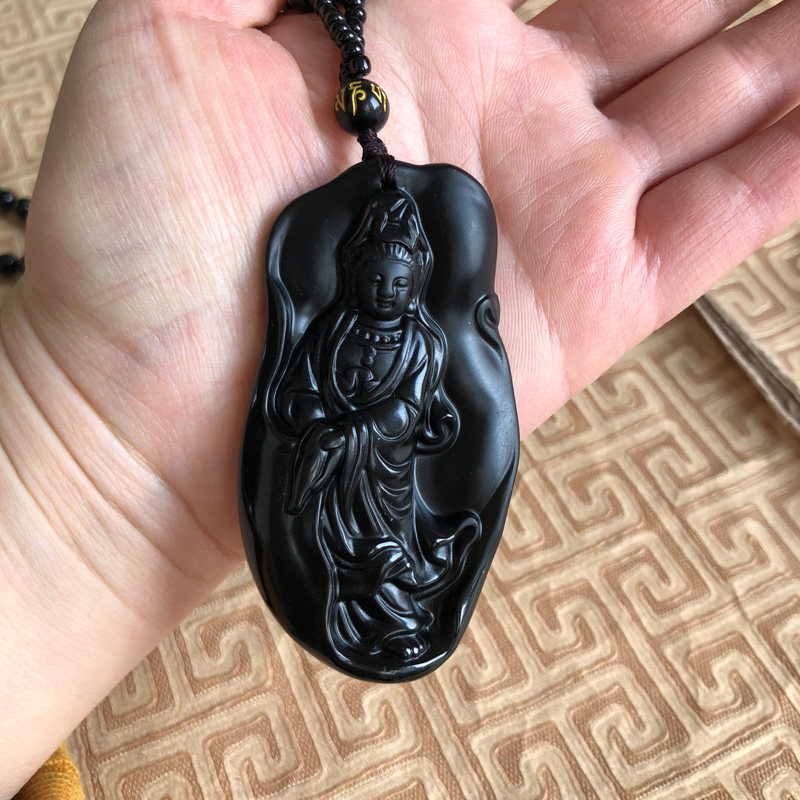 嫣芝美玉男女黑曜石滴水观音项链