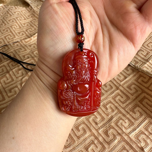 大刀坐关公吊坠天然红玛瑙武财神玉佩项链关二爷玉石男挂件送证书
