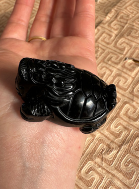 大龙龟吊坠天然黑曜石挂件男女龙头龟玉佩项链立体龙龟钥匙扣证书