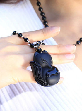 天然黑曜石小狐狸桃花运证书吊坠