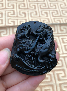 麒麟吊坠嫣芝美玉黑曜石挂件情侣