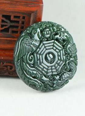 项链天然和田玉龙凤证书八卦吊坠