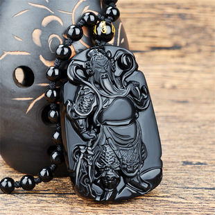 天然黑曜石大刀关公挂件武财神玉牌项链送证书