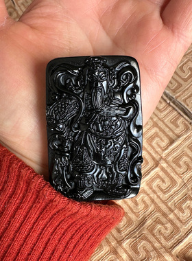 横刀立马关公挂件天然黑曜石项链玉石大刀武财神玉佩吊坠送证书