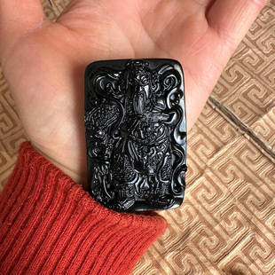 横刀立马关公挂件天然黑曜石项链玉石大刀武财神玉佩吊坠送证书