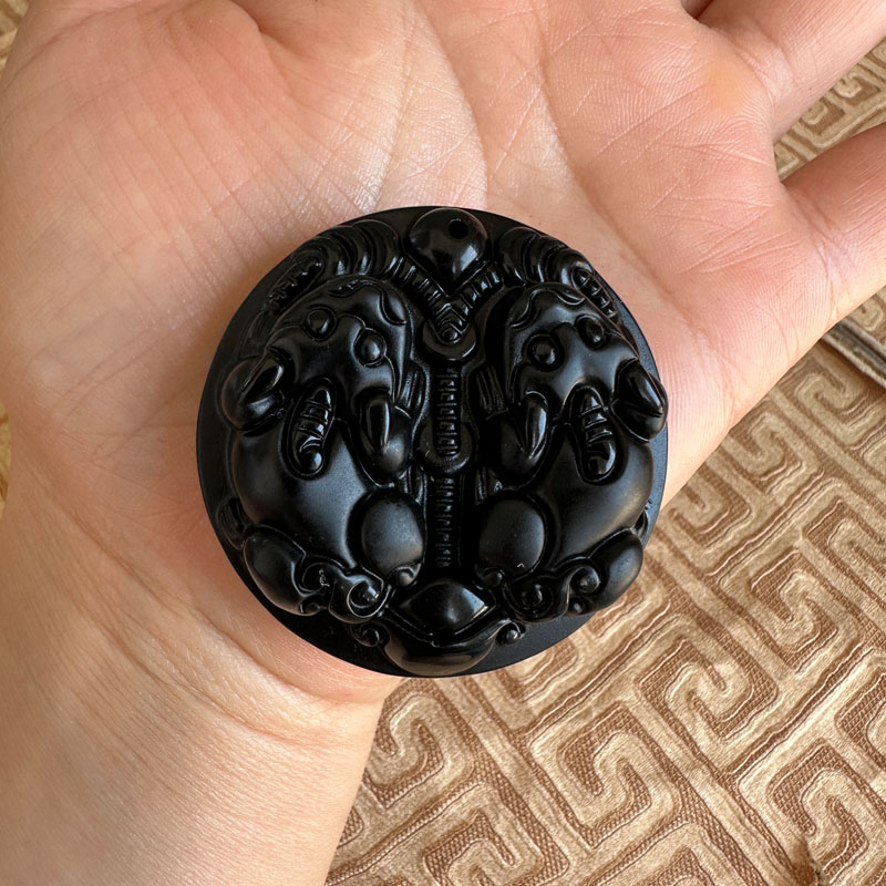 双貔貅玉佩项链天然黑曜石公母守财皮丘挂件男女款钥匙扣圆牌吊坠