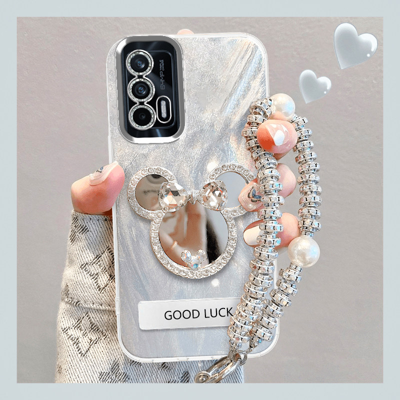 真我GTNeo闪速版手机壳镜头膜保护RMX3350羽纱少女风realme创意带手链OPPO米奇镜子支架oppo网红电镀银realme