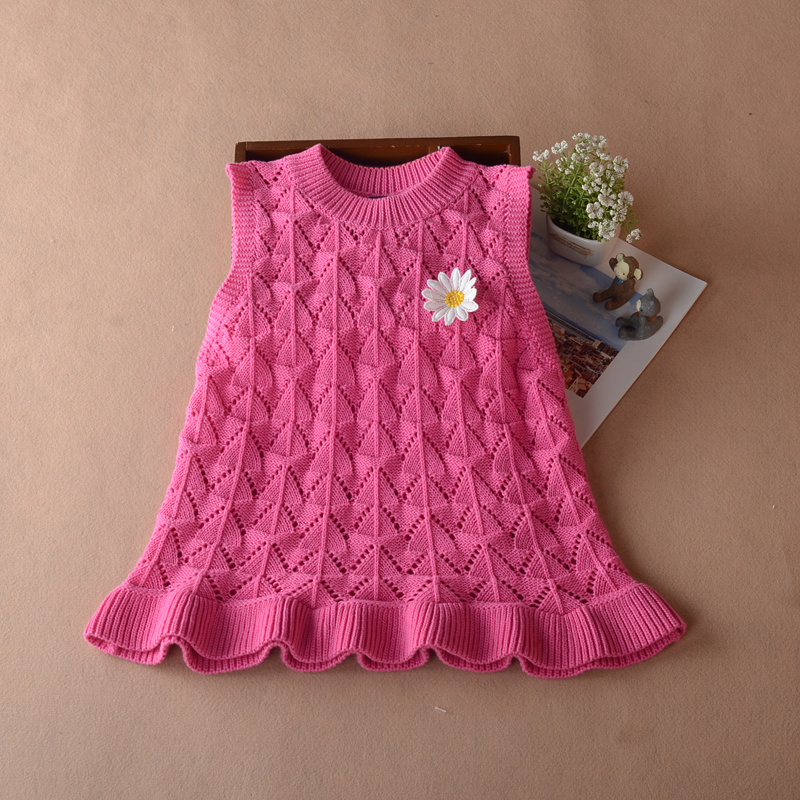 宝宝镂空棉线毛线连衣裙公主针织背心裙春秋女童甜美荷叶边毛衣裙