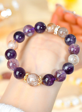 天然水晶紫水晶黑金超大颗粒手链