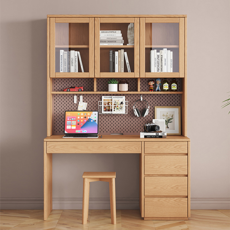 书桌书架一体橡木实木台式电脑桌