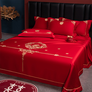 大红色婚庆纯棉床单单件100全棉结婚陪嫁三件套刺绣龙凤福气婚房