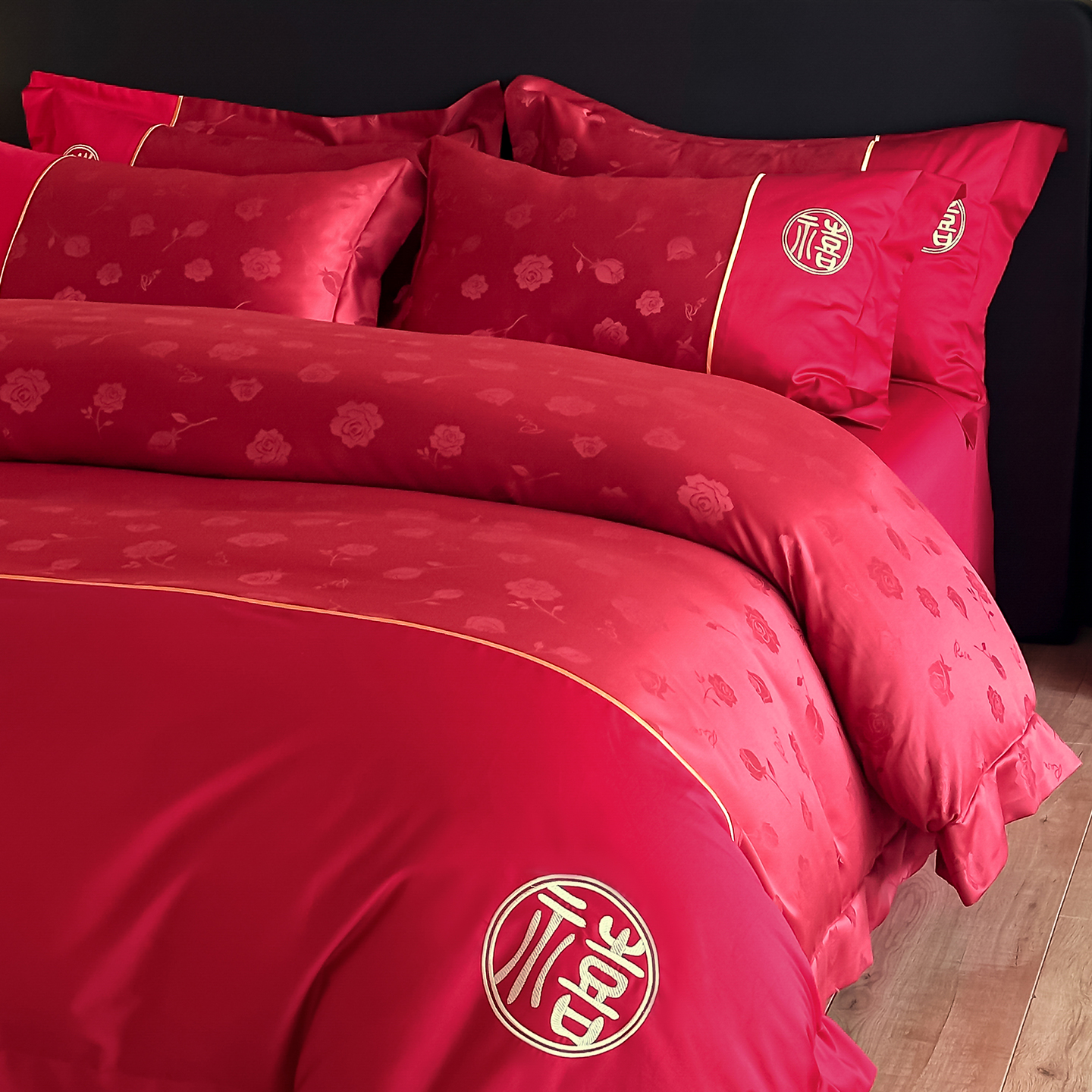 高档提花结婚四件套红色婚庆床品