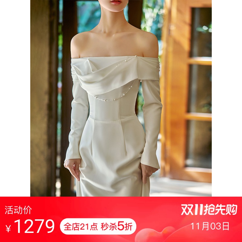 名斓|鲛梦 一字肩缎面轻婚纱2021新款长袖冬季气质高级宴会晚礼服