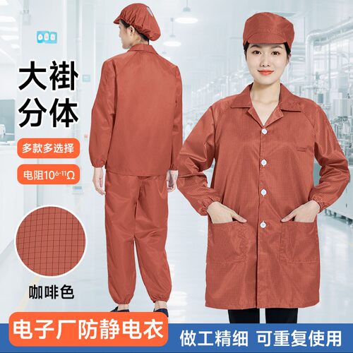 咖啡色静电衣网格大褂分体防尘服