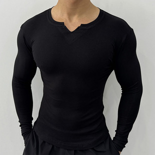 棉打底衫 V领长袖 运动T恤跑步健身服修身 质感条纹紧身衣秋冬季 男士
