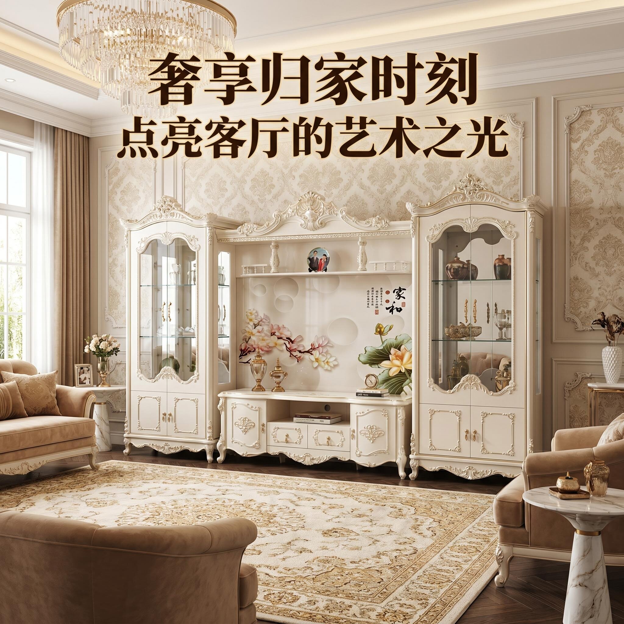 欧式电视机柜背景墙组合客厅酒柜储物柜家用影视墙柜地柜一体新款