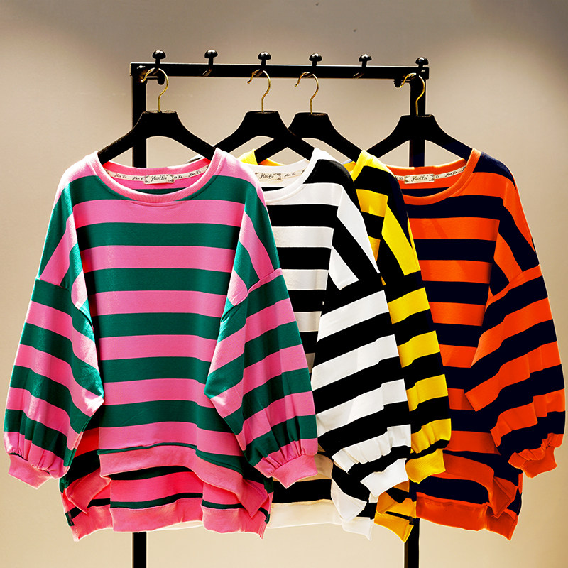 2025春秋装新款宽松条纹卫衣女中长款大码蝙蝠衫圆领套头长袖上衣