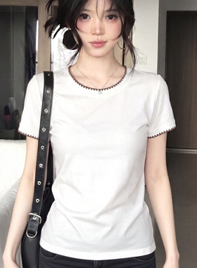 【贝母柔白】美式修身正肩t恤女夏季撞色贝壳边圆领短袖休闲上衣