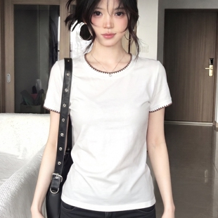 【贝母柔白】美式修身正肩t恤女夏季撞色贝壳边圆领短袖休闲上衣